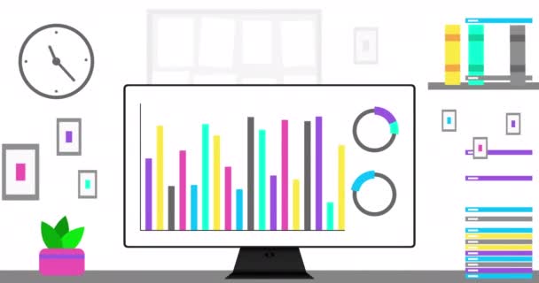 Office computer with modern Infographics on screen. Modern Office interior and data or statistic animation. 4K resolution animation. Office setup close up. - Video, Çekim