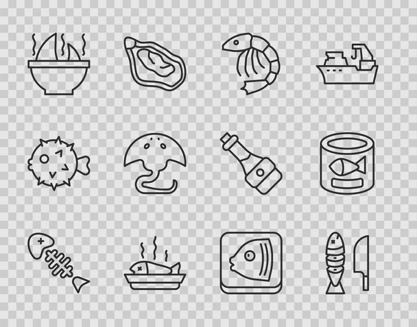 Set line Fish skeleton with sliced pieces Shrimp Served fish a plate Shark fin soup Stingray head and Canned icon. Vector. - Vector, Imagen
