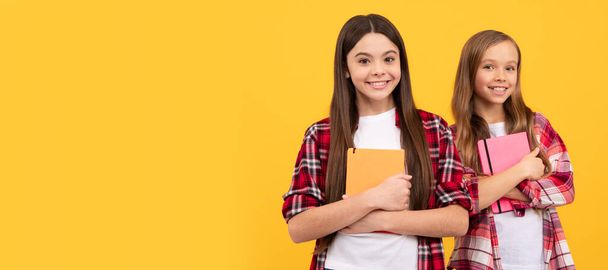 School girls friends. friends girls with notebook. back to school. teens ready to study. Banner of school girl student. Schoolgirl pupil portrait with copy space - Foto, Imagem
