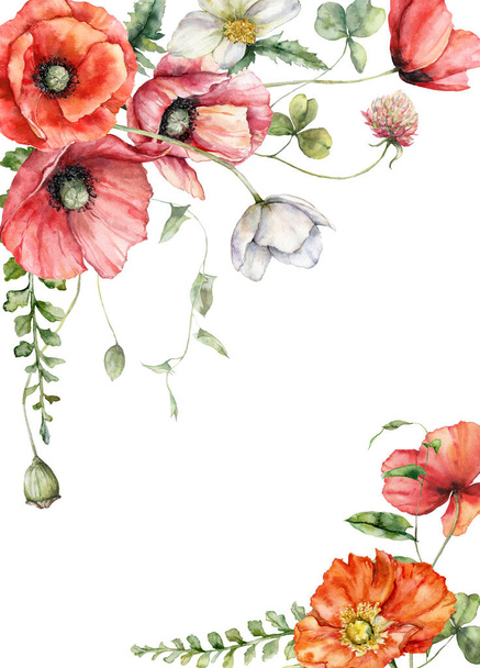 Watercolor meadow flowers border of poppy, geranium, buttercup and clover. Hand painted floral frame of wildflowers isolated on white background. Holiday Illustration for design, print or background - Photo, Image