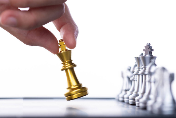 Business woman play Chess to success. Leader use strategy game to challenge competitor with intelligence leadership  power to move King to victory with management team idea battle to win, copy space - Fotografie, Obrázek