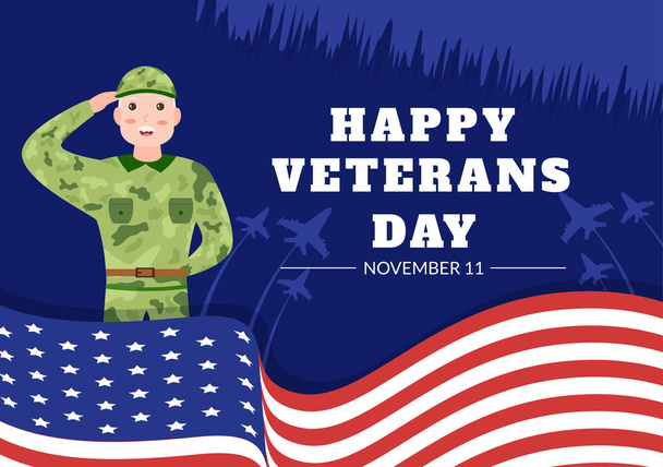 Veterans Day on November 11 Template Hand Drawn Cartoon Flat Illustration with USA Flag and Army to Honoring All Who Served - Vektori, kuva