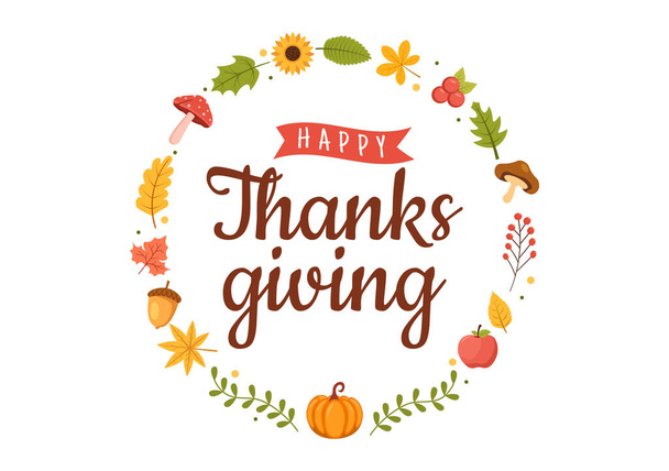 Happy Thanksgiving Celebration Template Hand Drawn Cartoon Flat Illustration with Turkey, Leaves, Chicken or Pumpkin Design - Vetor, Imagem
