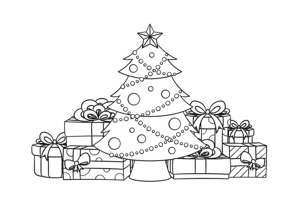 Christmas tree with fairy lights, ornaments and golden star surrounded by colorful presents and gift boxes cartoon outline illustration. Coloring book page printable activity worksheet for kids. - Vektor, Bild
