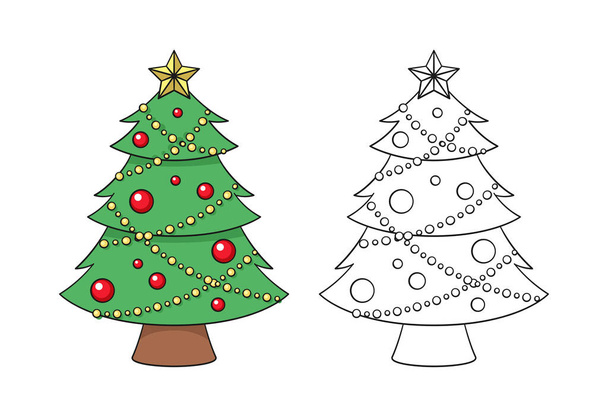 Christmas tree with fairy lights, ornaments and golden star cartoon illustration. Colored and outline set. Coloring book page printable activity worksheet for kids. - Vector, imagen