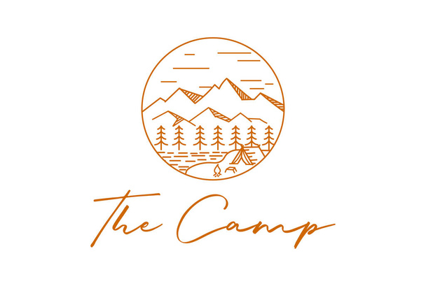 Pine Conifer Spruce Evergreen Fir Forest Mountain with Tent and Campfire for Outdoor Camp Logo Design - Vettoriali, immagini