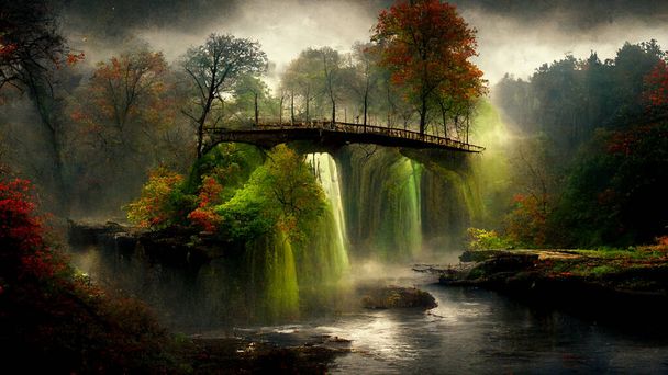 Waterfall in the autumn forest. Beautiful forest waterfall in autumn season. realistic background - Photo, Image