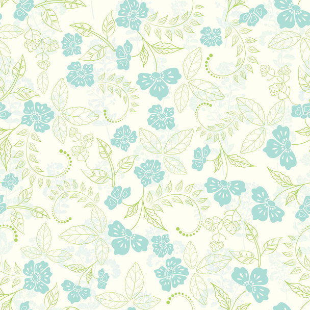 Delicate blue green floral garden elements allover vector seamless pattern design. Elegant fabric print, textile, covers, clothing and other uses - ベクター画像