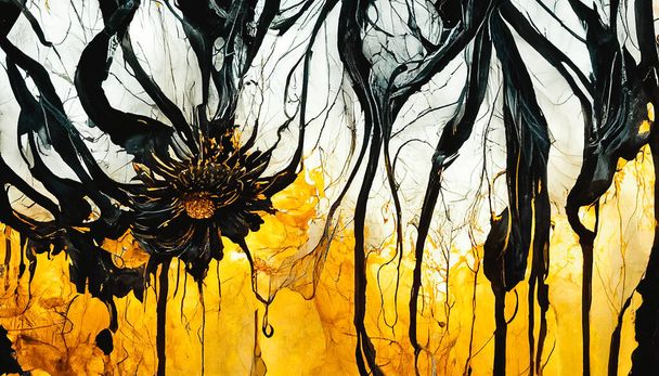 Abstract Sunflowers torn asunder wallpaper with black paint. Beautiful wallpaper. 3D illustration - Photo, Image