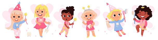 Cartoon isolated princess girls with crown and dresses holding toothpaste and toothbrush, first teeth of baby and magic wand, happy godmother with wings flying. Tooth fairy set vector illustration - Vektori, kuva