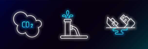 Set line Wrecked oil tanker ship CO2 emissions in cloud and Oil pump or pump jack icon. Glowing neon. Vector. - Vector, Image