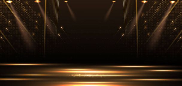 Элегантный золотой этап вертикальное сияние с эффектом освещения сверкает на черном фоне. Шаблон премиального дизайна. Векторная иллюстрация - Вектор,изображение