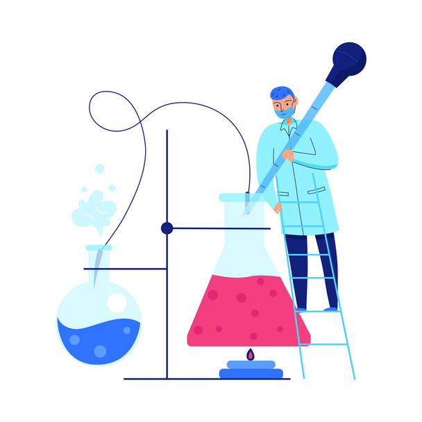Flat scientist performing experiment heating liquid in science laboratory vector illustration - Vektor, Bild