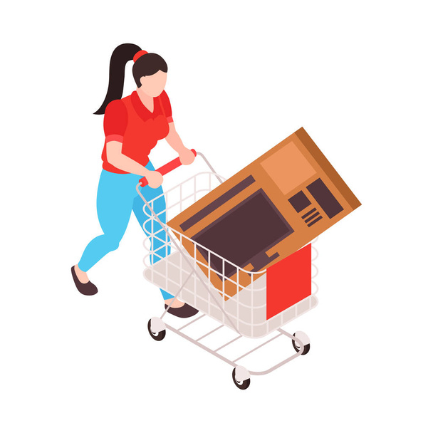 Supermarket isometric icon with female customer carrying shopping trolley with tv in cardboard box 3d vector illustration - Vettoriali, immagini