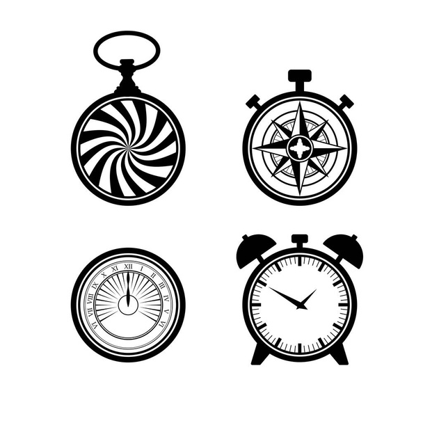 Μαύρο παλιό ρολόι τσέπης και ξυπνητήρι, τριαντάφυλλο ανέμου, ηλιακές σιλουέτες που απομονώνονται σε λευκό φόντο - Διάνυσμα, εικόνα