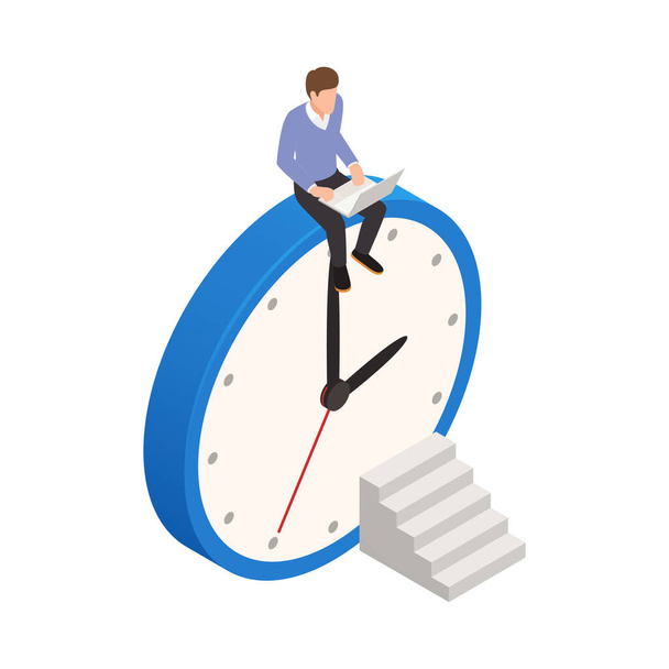 Управління часом ізометрична концептуальна піктограма з бізнесменом, що сидить на гігантському годиннику 3d Векторні ілюстрації
 - Вектор, зображення