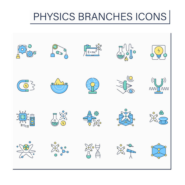 Physics branches color icons set. Scientific disciplines. Research macroscopic and microscopic physical properties. Science concept. Isolated vector illustrations - ベクター画像
