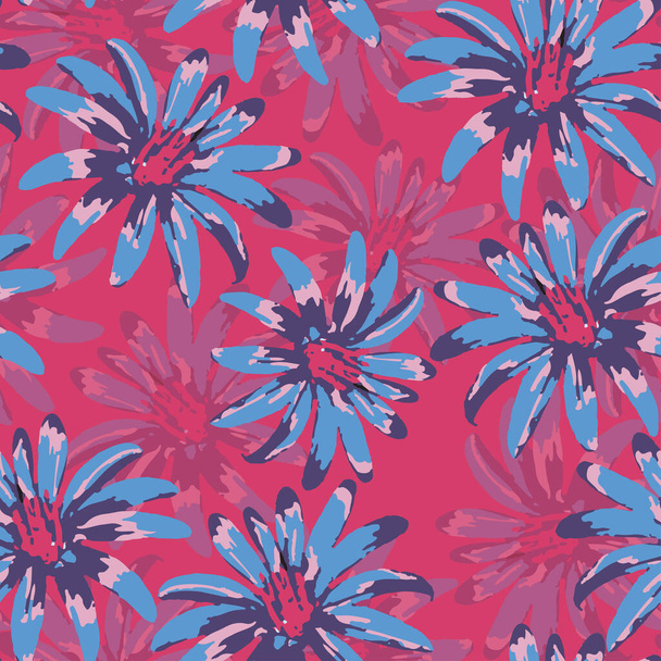 απρόσκοπτη φυτά μοτίβο φόντο με doodle πολύχρωμα λουλούδια, ευχετήρια κάρτα ή ύφασμα - Διάνυσμα, εικόνα