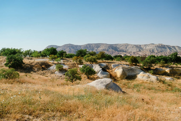 Γραφική άποψη του καλοκαιριού Σκηνική άποψη του τοπίου των γεωλογικών σχηματισμών της Καππαδοκίας. Καταπληκτικές πέτρες από ψαμμίτη. Διάσημος τουριστικός τόπος και ρομαντικός ταξιδιωτικός προορισμός.. - Φωτογραφία, εικόνα