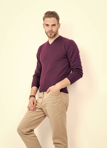 Handsome guy with fashion look wear modern clothes isolated on white, casual. - Fotó, kép