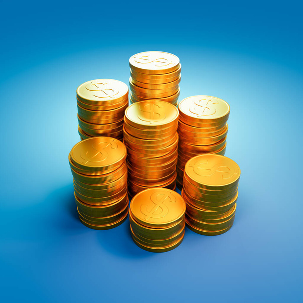 σωροί από χρυσά νομίσματα δολάριο σε μπλε φόντο 3D Εικονογράφηση αποτύπωσης - Φωτογραφία, εικόνα