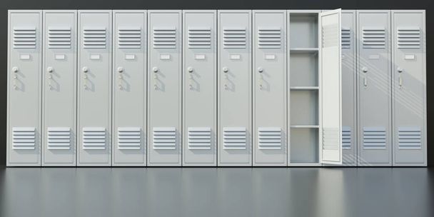 School Gym lockers row. Students storage cabinets, white color closed metal closets one open on gray floor. 3d render - 写真・画像