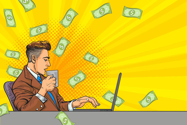 surprise business man successful and shocking with Falling Money Pop art retro comic style - Vector, imagen