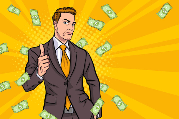 surprise business man successful and shocking with Falling Money Pop art retro comic style - Vector, Image