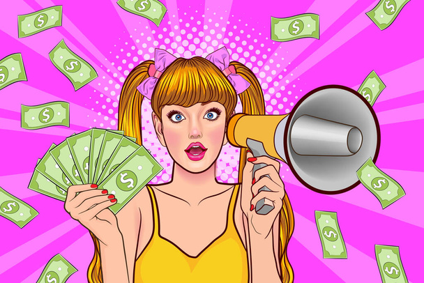 surprise shocking successful business woman holding megaphone and Falling Money say WOW OMG Pop art retro comic style - Vetor, Imagem