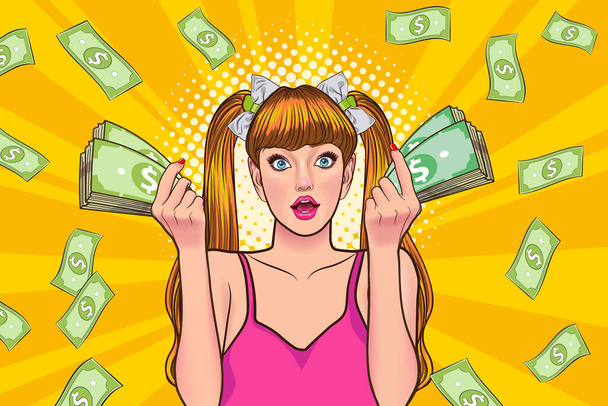 surprise business woman successful and shocking with Falling Money say WOW OMG Pop art retro comic style - Wektor, obraz