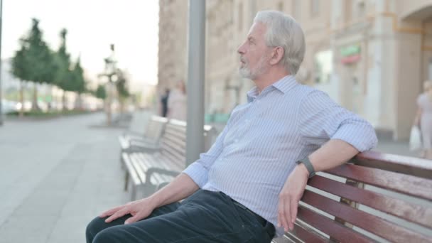 Senior Old Man κοιτάζοντας κάμερα, ενώ κάθεται στο Bench - Πλάνα, βίντεο