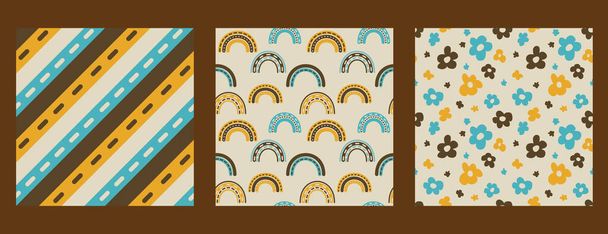 Set of 1970 good vibes seamless vector pattern background. Warm retro abstract wallpaper, 70s rainbow, daisy flower stripes. Old school vintage hippie vibe trippy pattern, floral good vibes art - Vector, imagen