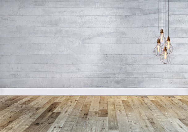 neue leere Wohnzimmer Innendekoration Holzboden, Steinwand-Konzept. dekorativer Hintergrund für Haus, Büro und Hotel. 3D-Illustration - Foto, Bild
