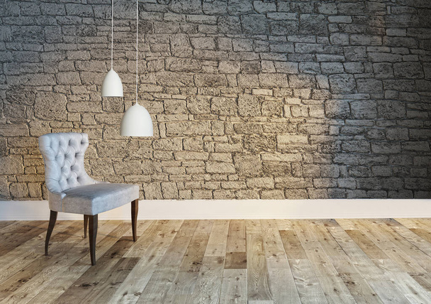 nouveau salon vide décoration intérieure plancher de bois, concept de mur de pierre. fond décoratif pour la maison, le bureau et l'hôtel. Illustration 3D - Photo, image