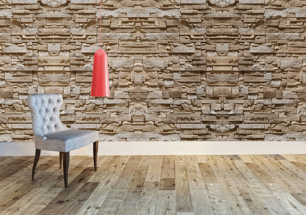 άδειο σαλόνι εσωτερική διακόσμηση μοντέρνα λάμπα και ξύλινο πάτωμα, πέτρα τοίχο έννοια. διακοσμητικό φόντο για το σπίτι, γραφείο, ξενοδοχείο. 3D απεικόνιση - Φωτογραφία, εικόνα