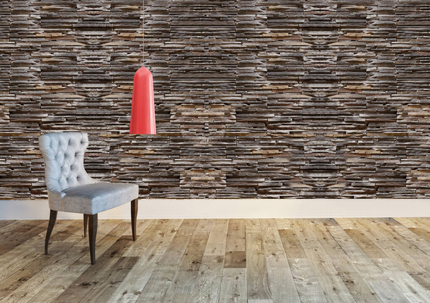 soggiorno vuoto decorazione d'interni lampada moderna e pavimento in legno, concetto muro di pietra. sfondo decorativo per la casa, ufficio, hotel. Illustrazione 3D - Foto, immagini