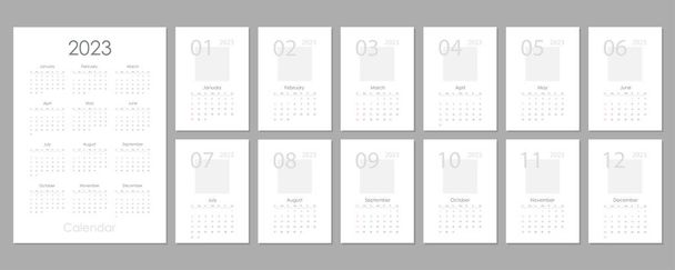 Monthly vertical wall calendar 2023 design tamplate black, grey, red and white colors. Sunday start annual calendar. Set of 12 months. Cover A4 A3 A2 A5 - Vektori, kuva