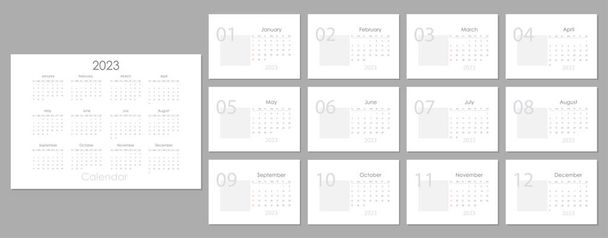 Monthly horizontal wall calendar 2023 design tamplate black, grey, red and white colors. Sunday start annual calendar. Set of 12 months. Cover A4 A3 A2 A5 - Vektori, kuva