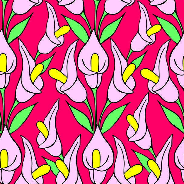 symmetrical seamless pattern of pink flowers on a pink background, texture, design - Vector, imagen