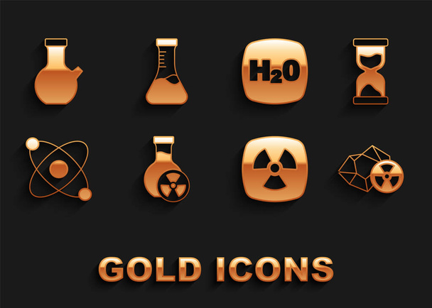 Set Test tube with toxic liquid Old hourglass Radioactive Atom Chemical formula H2O and icon. Vector. - Vector, Image