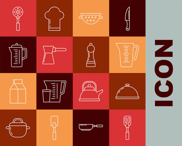 Set line Spatula Covered with tray of food Measuring cup Kitchen colander Coffee turk Teapot and Pepper icon. Vector. - Vektör, Görsel
