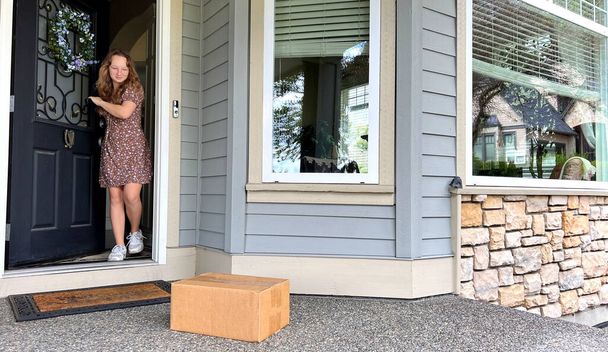 A girl in a beautiful fashionable short brown dress received parcel with delivery to the door of the house, she holds a parcel on which there is place for text and is very happy She stands on porch - Foto, immagini