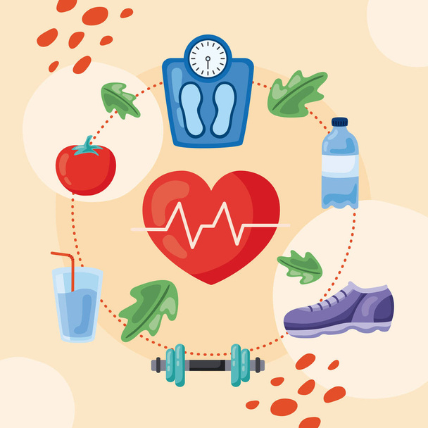 healthy lifestyle icons around heart cardio - Vecteur, image