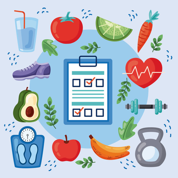 healthy lifestyle icons with checklist - Vector, Imagen