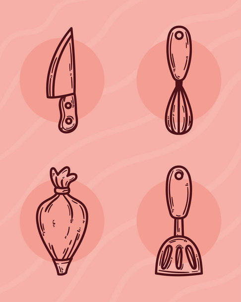 four kitchen utensils set icons - Vector, Image