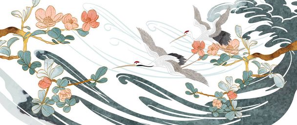 Crane πουλιά στοιχείο με ιαπωνικό υπόβαθρο. Oriental φυσικό κύμα μοτίβο με ωκεανό διακόσμηση banner σχεδιασμό σε vintage στυλ. Λουλούδι υποκατάστημα με υδατογραφία υφή ζωγραφική. - Διάνυσμα, εικόνα