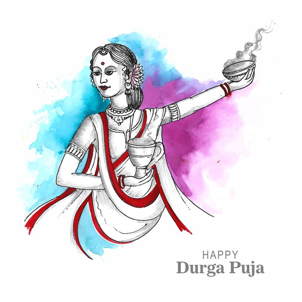 Beautiful indian bengali woman is dancing and holding dhunuchi in both hands sketch design - Vektor, obrázek