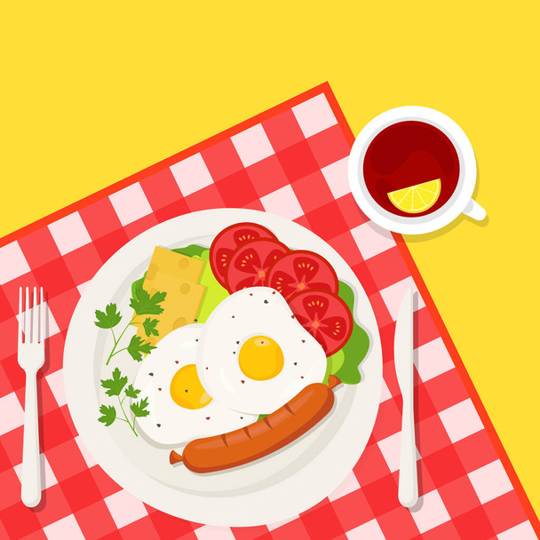 Breakfast. a cup of tea, scrambled eggs with cheese, sausage and tomato slices, toasted slices of bread and herbs . Vector illustration on the background of a checkered tablecloth, flat design - Vector, afbeelding