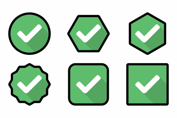 Check marks Icon Set, Tick marks, Accepted, Approved, Yes, Correct, Ok, Right Choices, Task Completion, Voting. - vector mark symbols in green. Black stroke design. Flat style vector illustration. - Vektor, obrázek