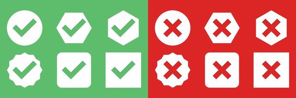 Check and wrong marks Icon Set, Tick and cross marks, Accepted,Rejected, Approved,Disapproved, Yes,No, Right,Wrong, Green,Red, Correct,False, Ok,Not Ok - vector mark symbols in green and red. - ベクター画像